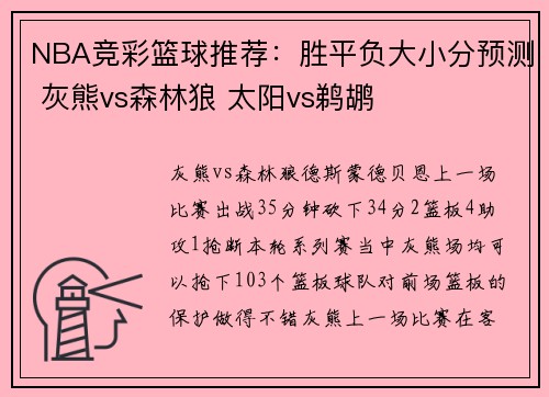 NBA竞彩篮球推荐：胜平负大小分预测 灰熊vs森林狼 太阳vs鹈鹕